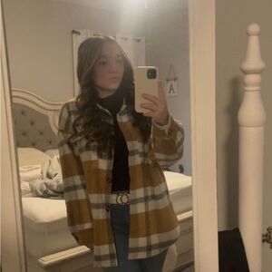 Plaid Women's shacket in Mustard, tan, white and Gray